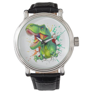 3D T-Rex Dinosaur Wall Smash Boys Kids T-Shirt Watch