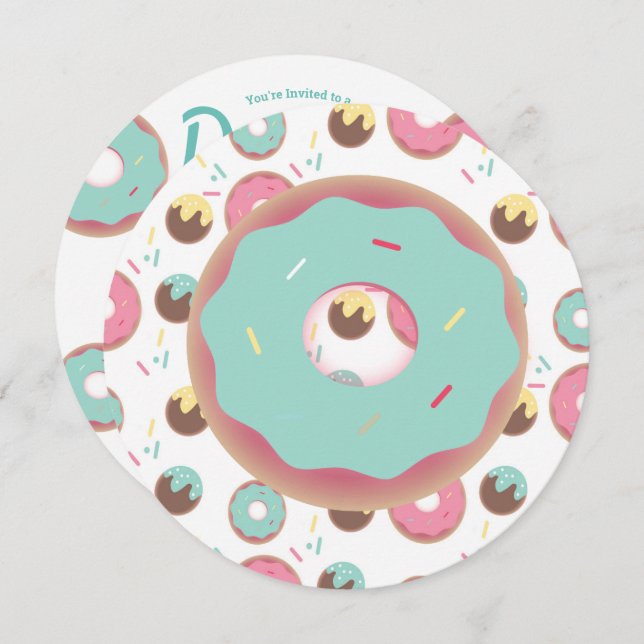 3D Teal and Pink Donut Sprinkle Mix Round Invitation (Front/Back)