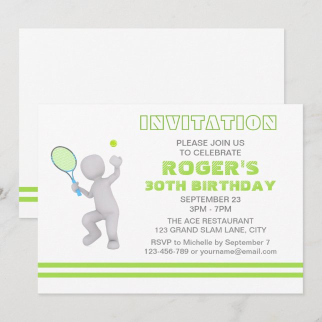 3D Tennis Player Tennis Racket Ball Personalized Invitation (Front/Back)