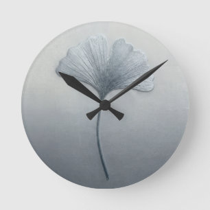 3D Textured Embroidery Ginkgo Leaf Blue Gray Round Clock