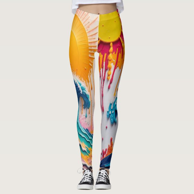 3D Textured Tropical Wave & Sun Abstract Impasto Leggings (Front)