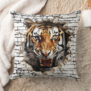 3D Tiger Wall Break Art – Realistic Safari Throw Pillow