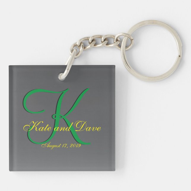 3d Titanium Monogram Date Yellow Text Keychain (Back)