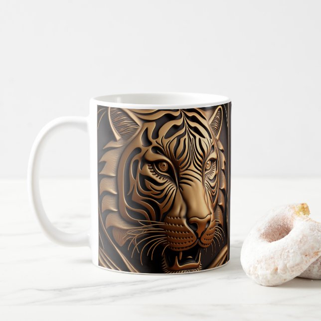 3D Tooled Leather Look Printed Tiger Coffee Mug (With Donut)