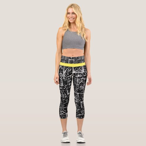 3d Tribal pattern with yellow strip  Capri Leggings