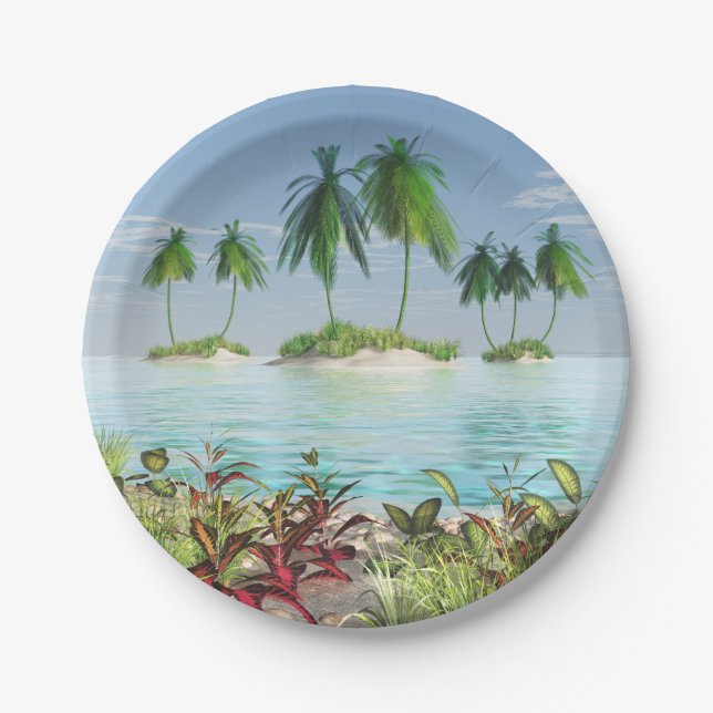3D Tropical Sandy Beach Palm Tree Islands Paper Plates (Front)