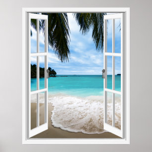 3D Tropical Sea And Beach Window View Poster