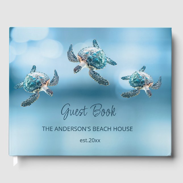 3D Turtle Turquoise Coastal Beach House Guest Book (Front)