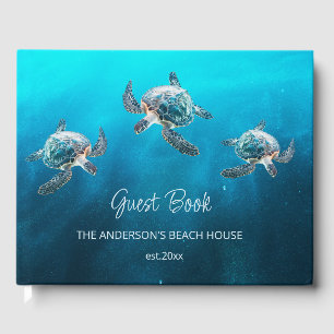 3D Turtle Turquoise Coastal Beach House Guest Book