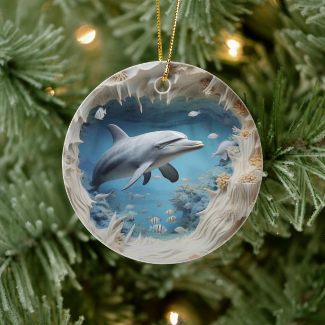 3D Underwater Dolphin Christmas Ceramic Ornament (Tree)