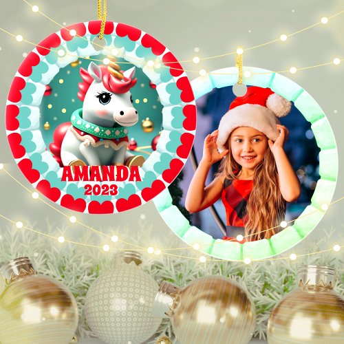 3D Unicorn Christmas Custom Kids Photo Ceramic Ornament