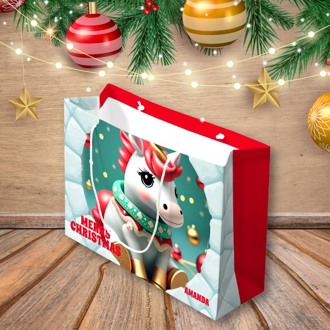 3D Unicorn Christmas Red Holiday Large Gift Bag (Creator Uploaded)