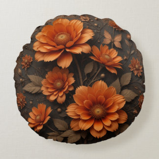 3d victorian burnt orange big flowers round pillow
