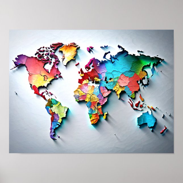 3D Wall Art Water Color World Map Poster (Front)
