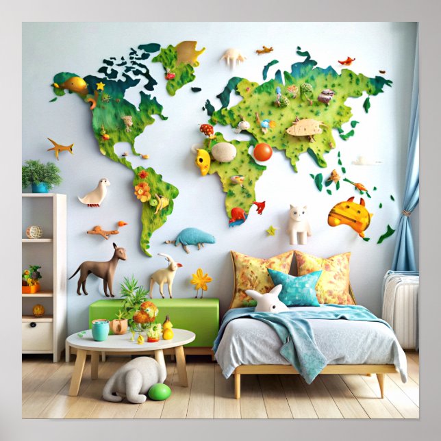 3D Wall Art World Map Poster for Kids  (Front)
