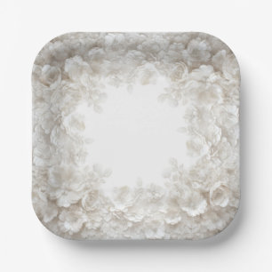 3D White Embossed Floral Elegant Wedding Paper Pla Plates
