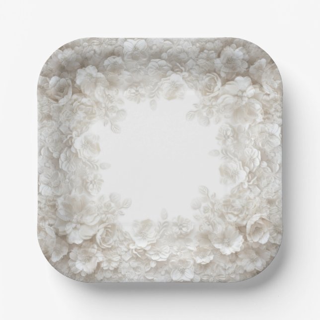 3D White Embossed Floral Elegant Wedding Paper Pla Plates (Front)