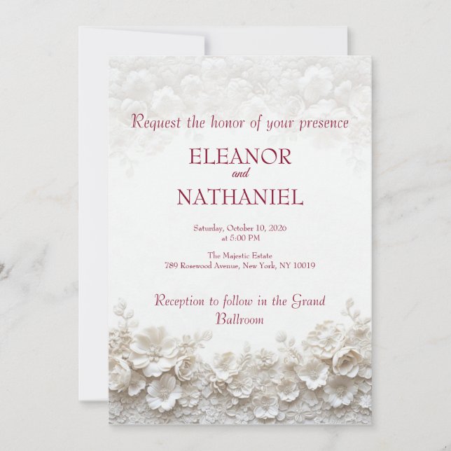 3D White Floral Burgundy Wedding Invite (Front)