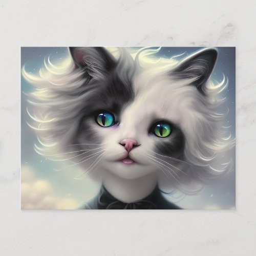 3D White Fluffy Cat Portrait with Flowers Postcard