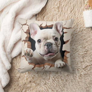 3D White French Bulldog Cracked Hole Throw Pillow