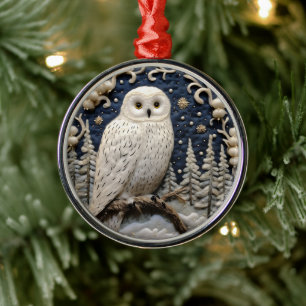3D White Owl Woodland Animal Chirstmas Metal Ornament