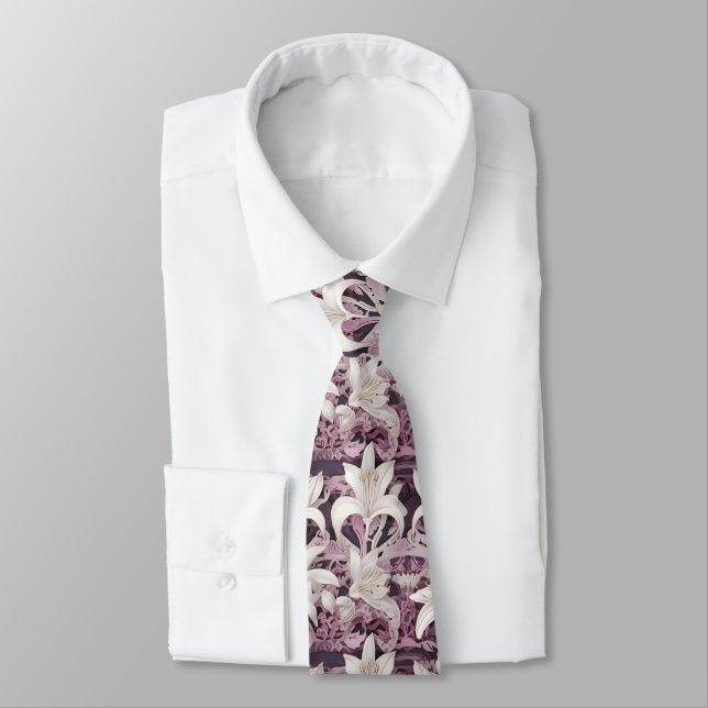 3d white pink purple lilies  neck tie (Tied)