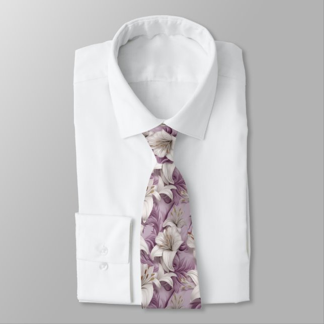 3d white pink purple lilies  neck tie (Tied)
