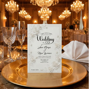 3D White Rose Floral Border Wedding Invitation