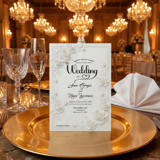 3D White Rose Floral Border Wedding Invitation (Creator Uploaded)