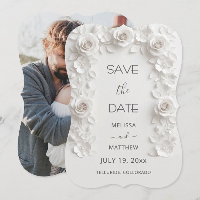 3D White Roses Save The Date Card (Front/Back)
