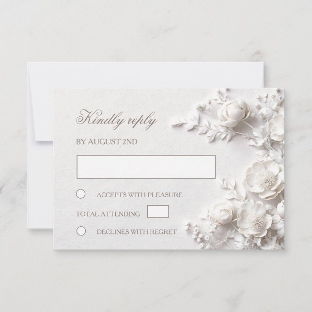 3D White Roses Wildflowers Wedding RSVP Card (Front)