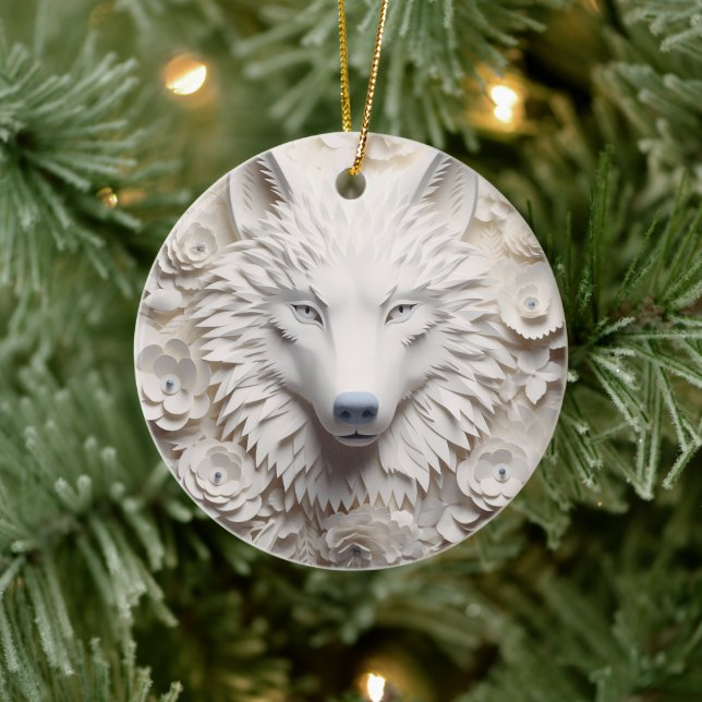 3D White Wolf Christmas Ceramic Ornament (Tree)