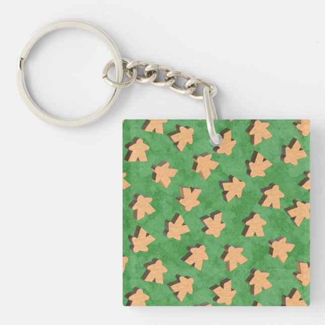 3D Wood Meeple Game Piece on Green   Coaster Keychain (Front)