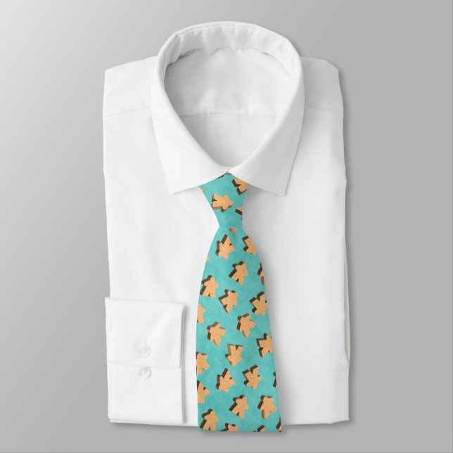 3D Wood Meeple on Aqua Blue Neck Tie (Tied)