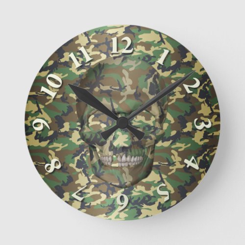 3D Woodland Camo Skull Round Clock