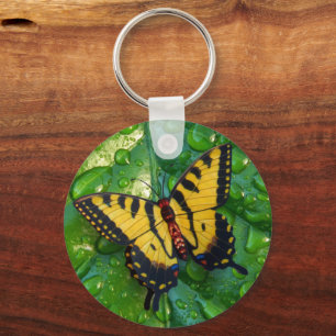 3D Yellow Butterfly on Green leaf Raindrops Keychain