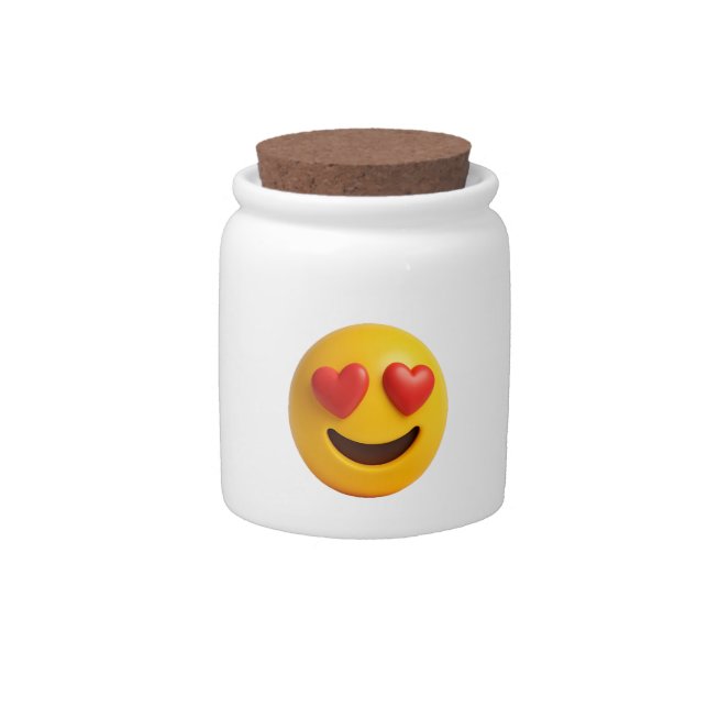 3d yellow smiling emoji face with heart shaped eye candy jar (Front)