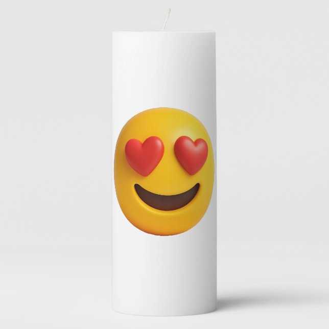 3d yellow smiling emoji face with heart shaped eye pillar candle (Front)