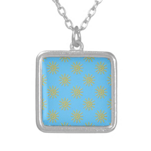 3D Yellow Sun Drawing Pattern Silver Plated Necklace