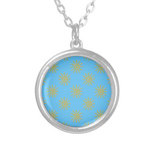 3D Yellow Sun Drawing Pattern Silver Plated Necklace
