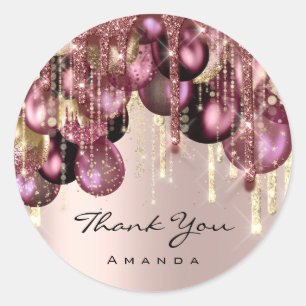 3DGOLD GLITTER BALLONS DRIP THANK YOU Rose Classic Round Sticker