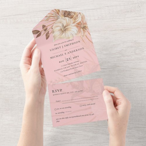 3in1 BOHO Pampas Grass Terracotta Wedding RSVP All In One Invitation