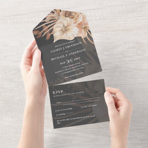 3in1 BOHO Pampas Grass Terracotta Wedding RSVP All In One Invitation