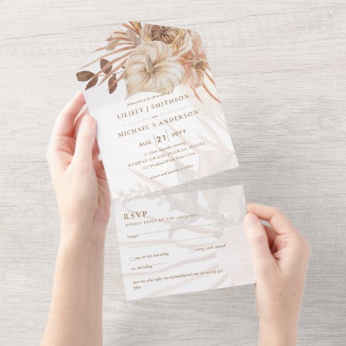 3in1 BOHO Pampas Grass Terracotta Wedding RSVP All In One Invitation