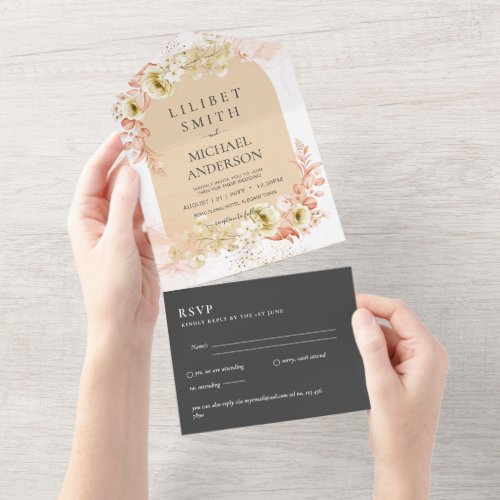 3in1 Boho Pampas Grass Wedding RSVP All In One Invitation