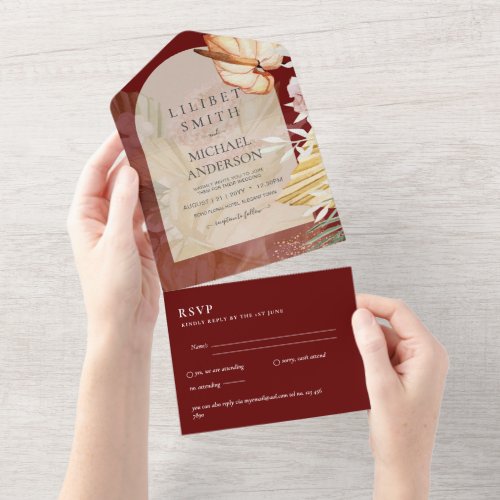 3in1 Boho Pampas Grass Wedding RSVP All In One Invitation