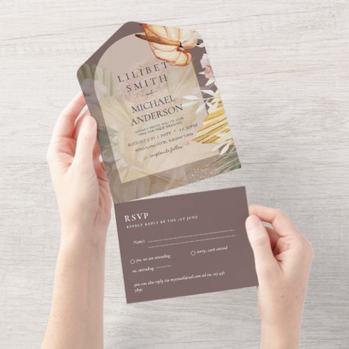 3in1 Boho Pampas Grass Wedding RSVP All In One Invitation
