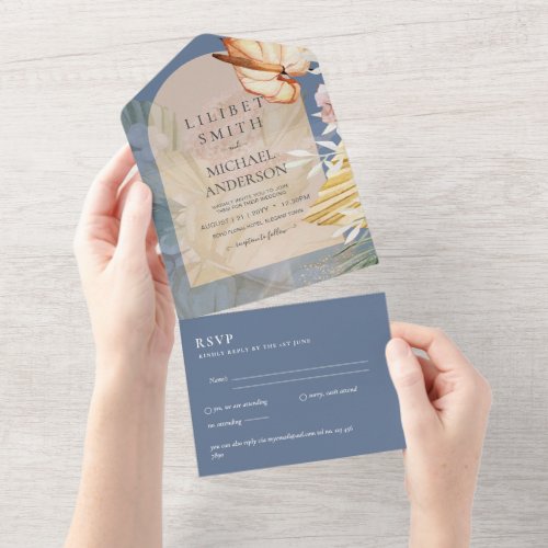 3in1 Boho Pampas Grass Wedding RSVP All In One Invitation