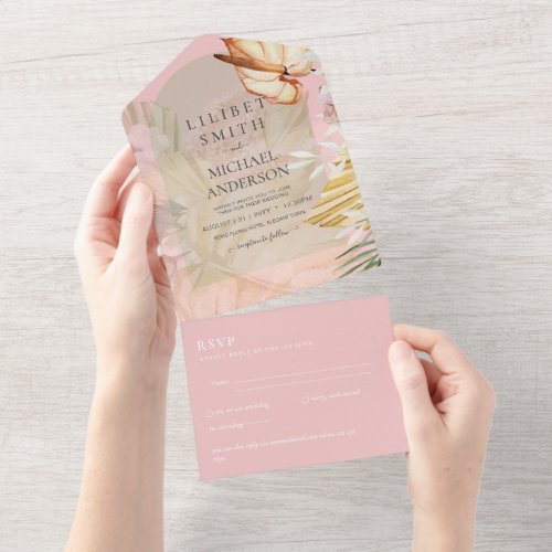 3in1 Boho Pampas Grass Wedding RSVP All In One Invitation