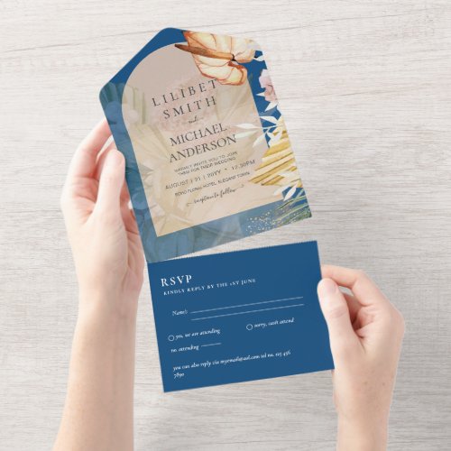 3in1 Boho Pampas Grass Wedding RSVP All In One Invitation